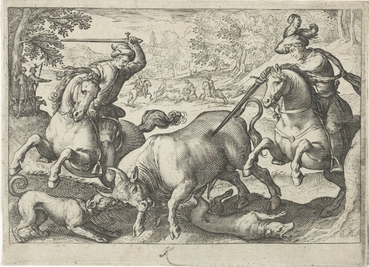 Landskap med oksejakt Jaktscener (serietittel) Icones Venantum Arter Varias Representantes (serietittel) av Egbert Jansz.