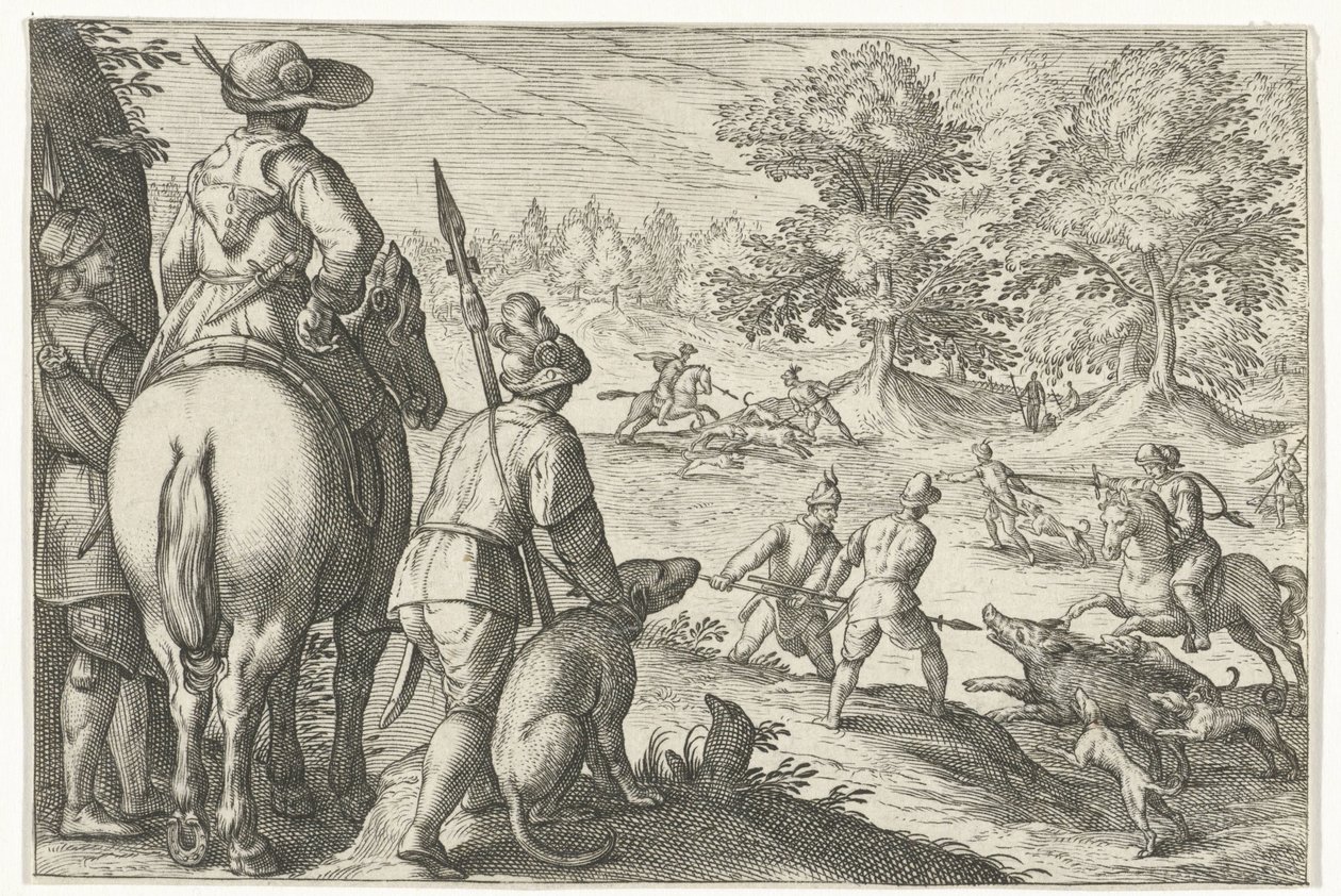 Landskap med villsvinjakt Jaktscener (serietittel) Icones Venantum Arter Varias Representantes (serietittel) av Egbert Jansz.
