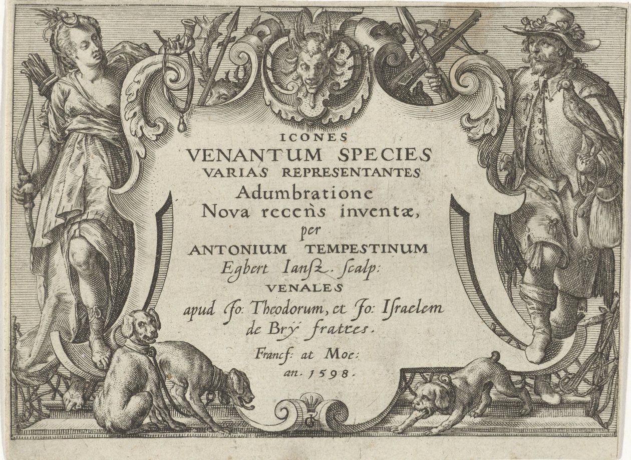 Titteltrykk for en serie med jaktscener Jaktscener (serietittel) Ikoner Venantum Arter Varias Representantes (serietittel på objekt) av Egbert Jansz.