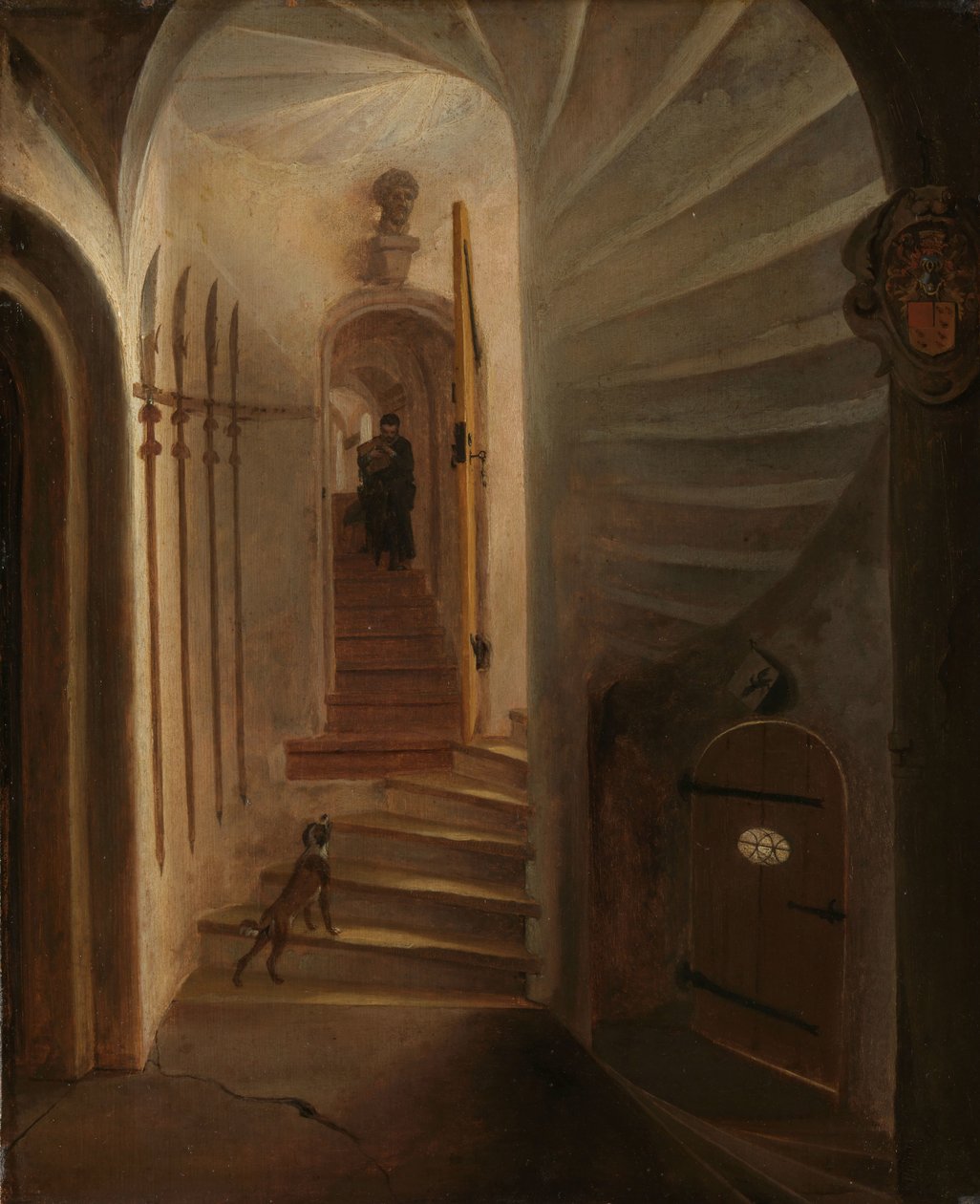 Portal til et trappetårn, med en mann som går ned trappene: antagelig øyeblikket før attentatet på William den Tause i Prinsenhof, Delft av Egbert Lievensz. van der Poel (attributed to)