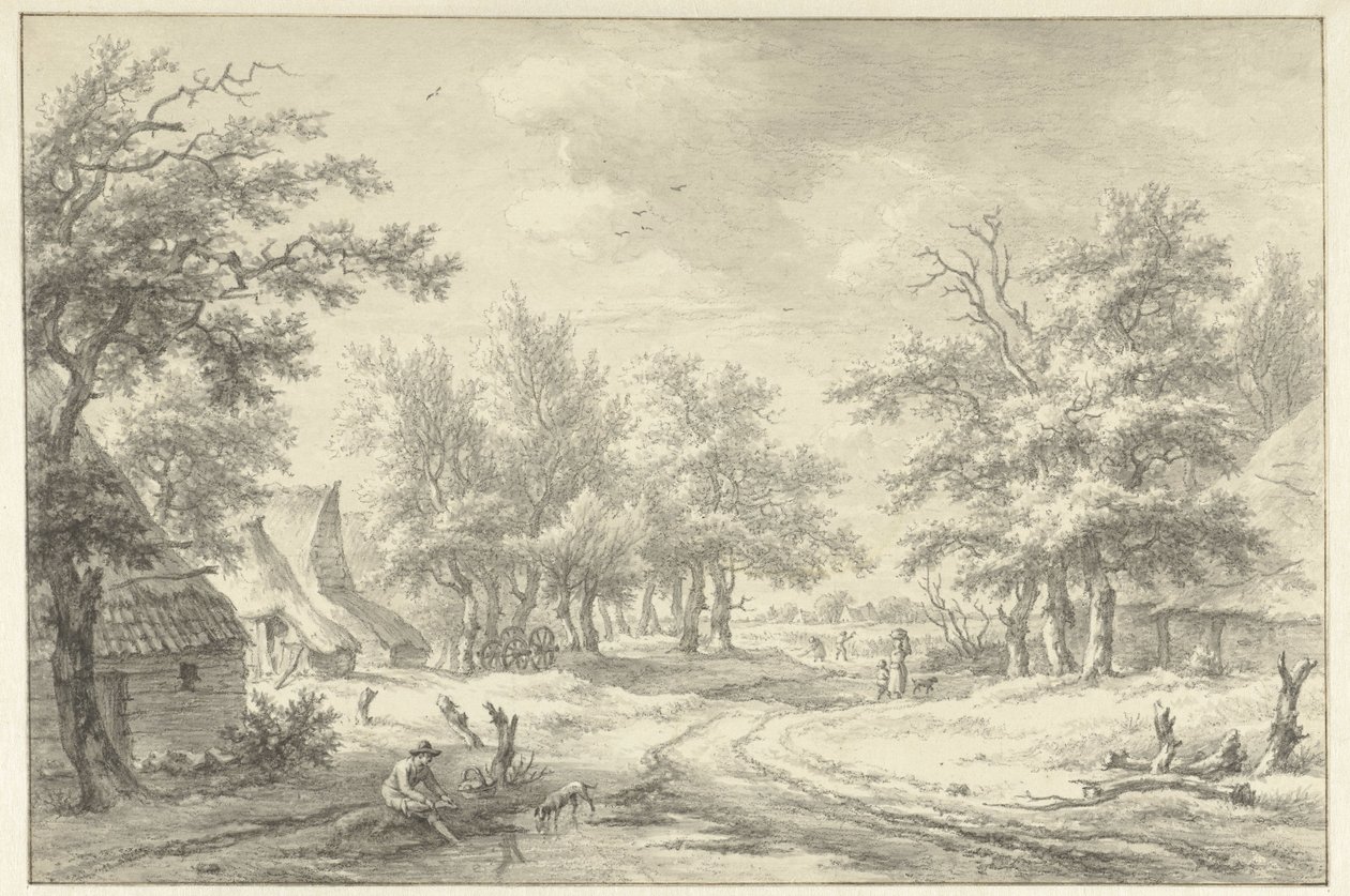 Landskap med noen gårder og figurer av Egbert van Drielst