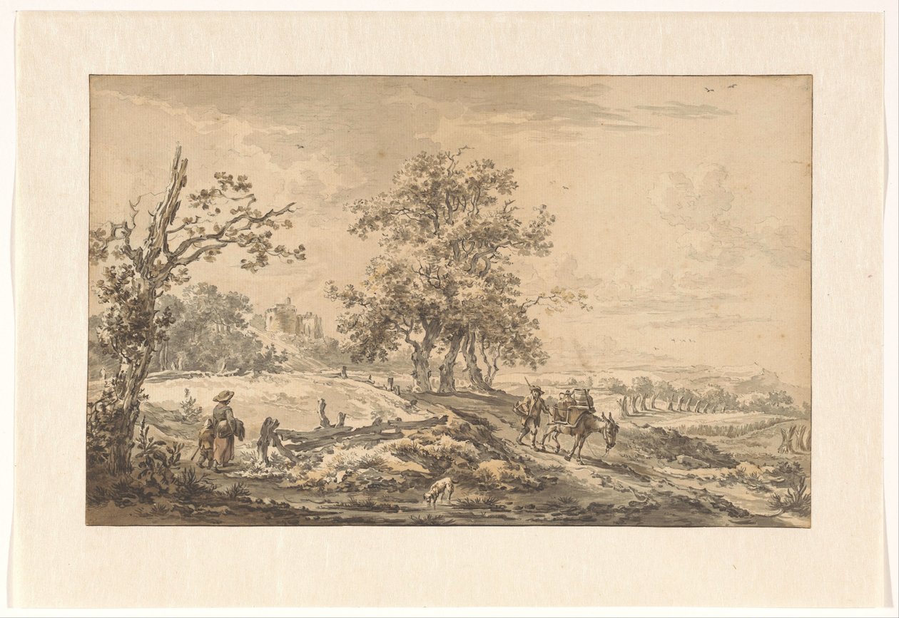Kvinne med barn og mann med esel i landskap av Egbert van Drielst
