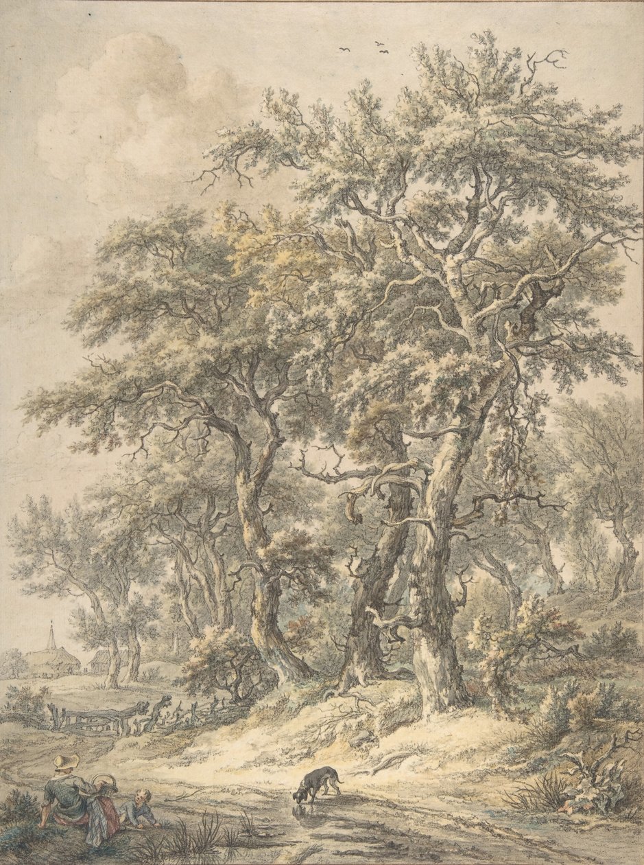 Kvinne og barn sitter ved siden av en vei, 1760-1818. av Egbert van Drielst