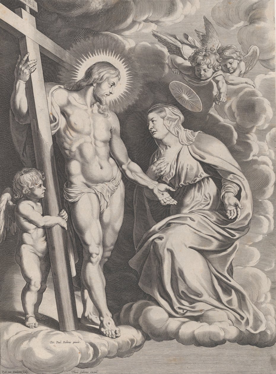 Jomfruens forbønn, knelende på en sky rett foran Kristus, står ..., ca. 1610-37. av Egbert van Panderen
