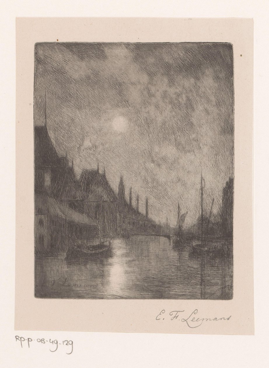Utsikt over elven i en by om natten av Egide François Leemans (signed by artist)