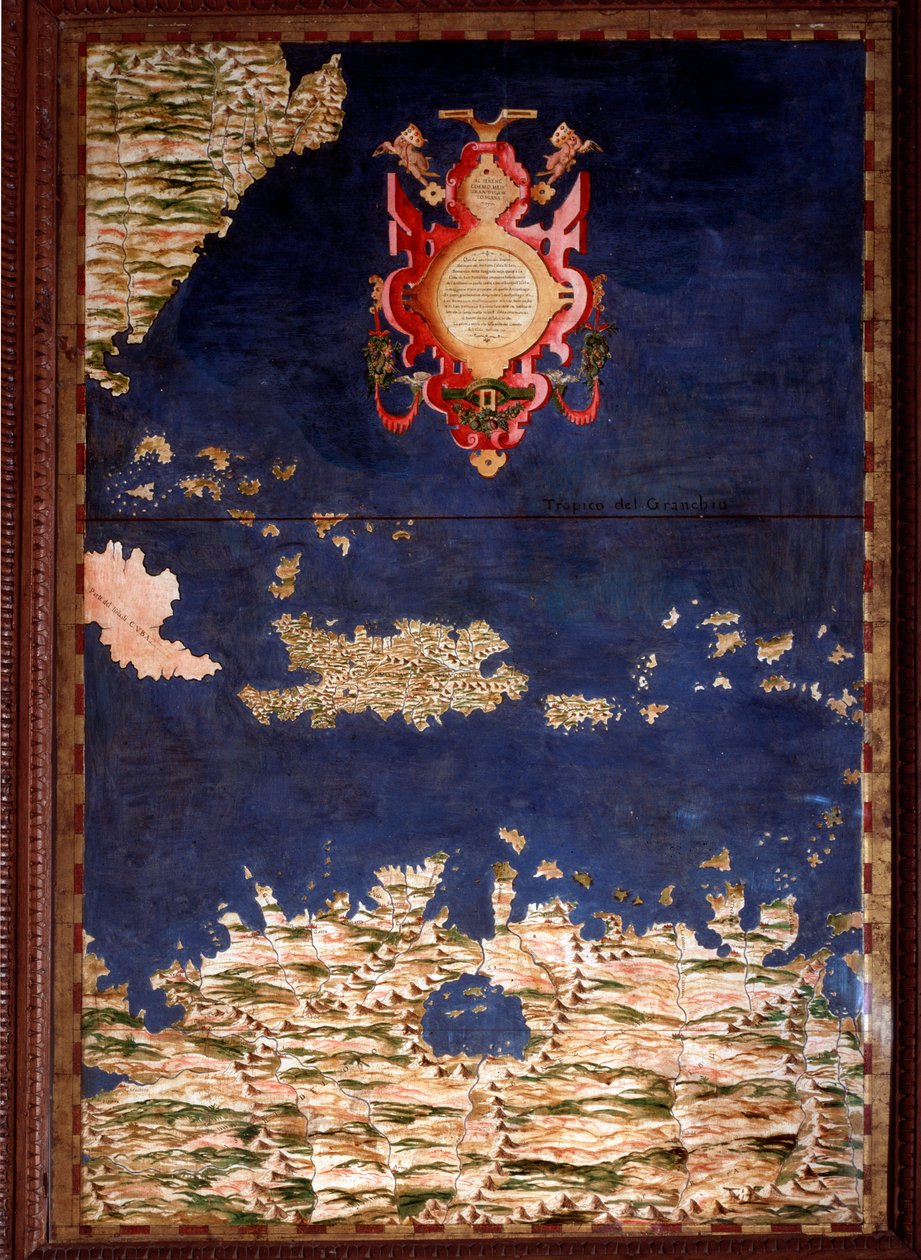 Santo Domingo (Santo Domingo) eller Hispaniola-kart laget av Egnazio Danti (1536-1586) matematiker, kosmograf og italiensk arkitekt. Rundt 1567. Firenze, Palazzo Vecchio, Sala del Mappamondo av Egnazio Danti