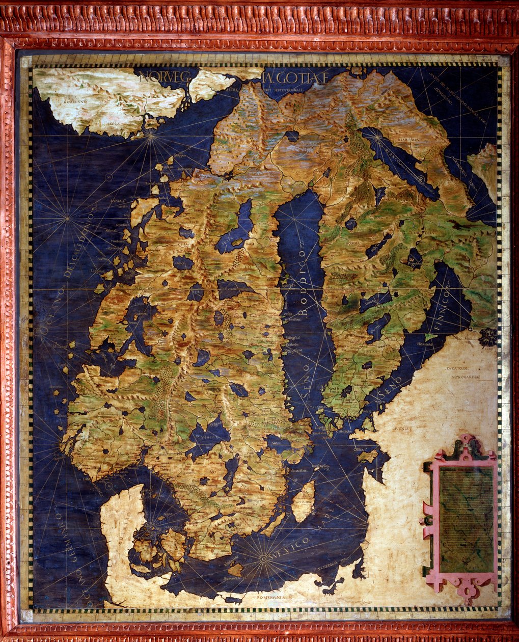 Skandinavia: Norge, Sverige, Finland. Kart laget av Egnazio Danti (1536-1586) matematiker, kosmograf og italiensk arkitekt. Rundt 1567. Firenze, Palazzo Vecchio, Sala del Mappamondo av Egnazio Danti