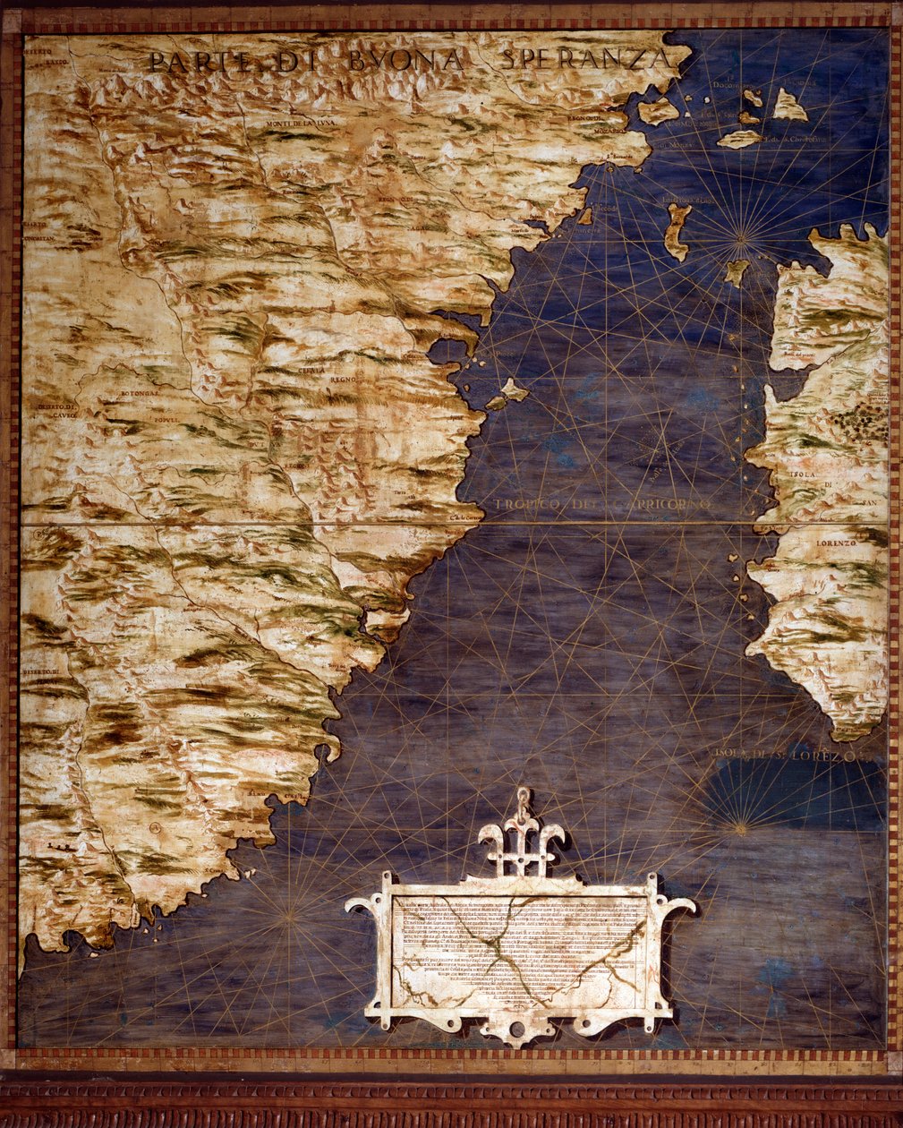 Kart over Sør-Afrika og Cape of Good Esperance laget av Egnazio Danti (1536-1586) matematiker, kosmograf og italiensk arkitekt. Rundt 1567. Firenze, Palazzo Vecchio, Sala del Mappamondo av Egnazio Danti