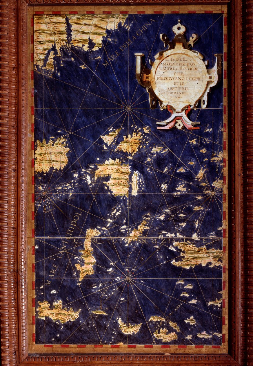 Kart over Molukkene laget av Egnazio Danti (1536-1586) matematiker, kosmograf og italiensk arkitekt. Rundt 1567. Firenze, Palazzo Vecchio, Sala del Mappamondo av Egnazio Danti