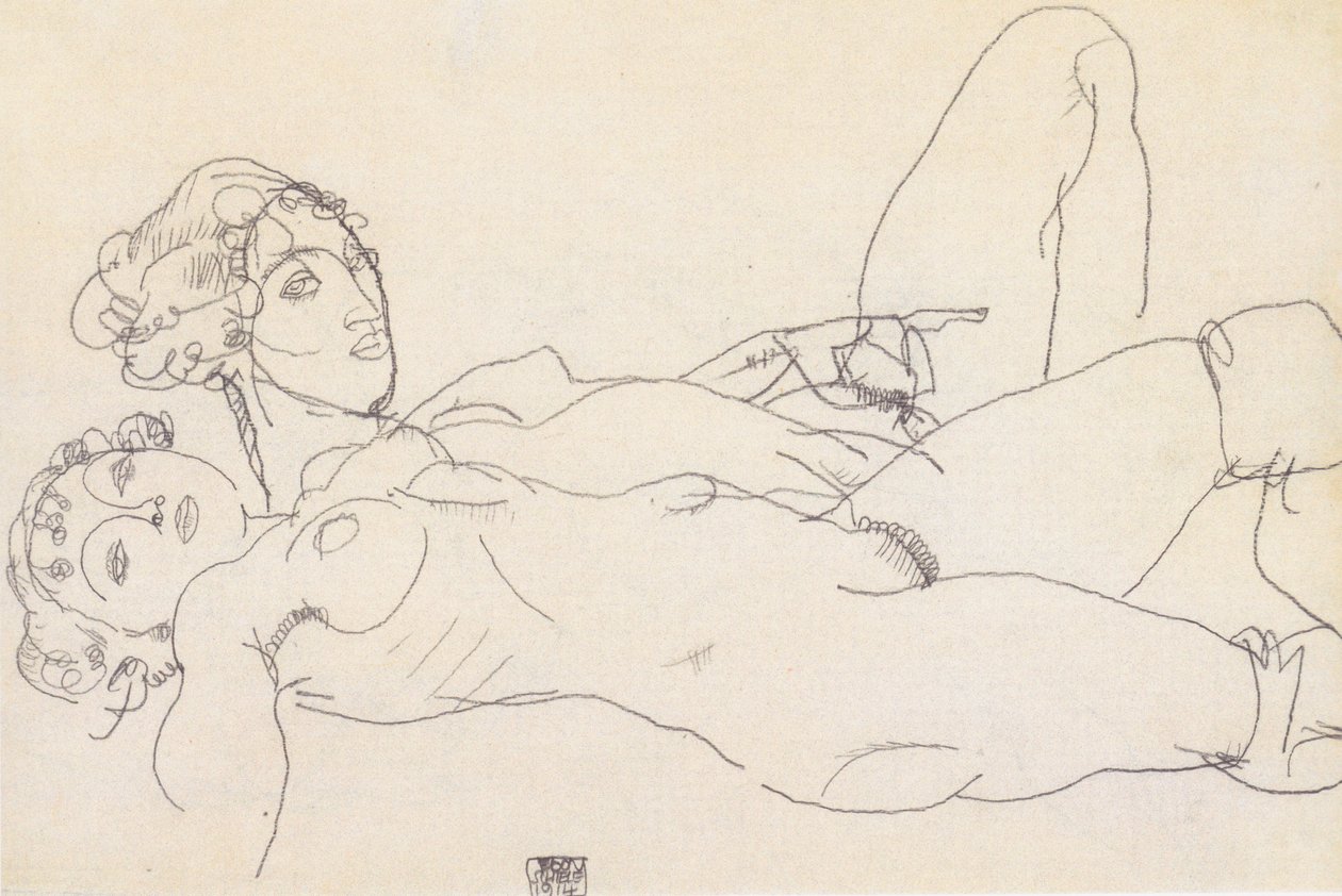 To liggende jentefiler av Egon Schiele