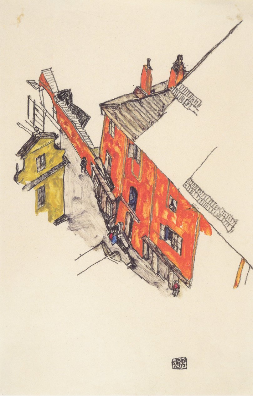 Gamle gavlhus i Krumau fra Schlossberg av Egon Schiele