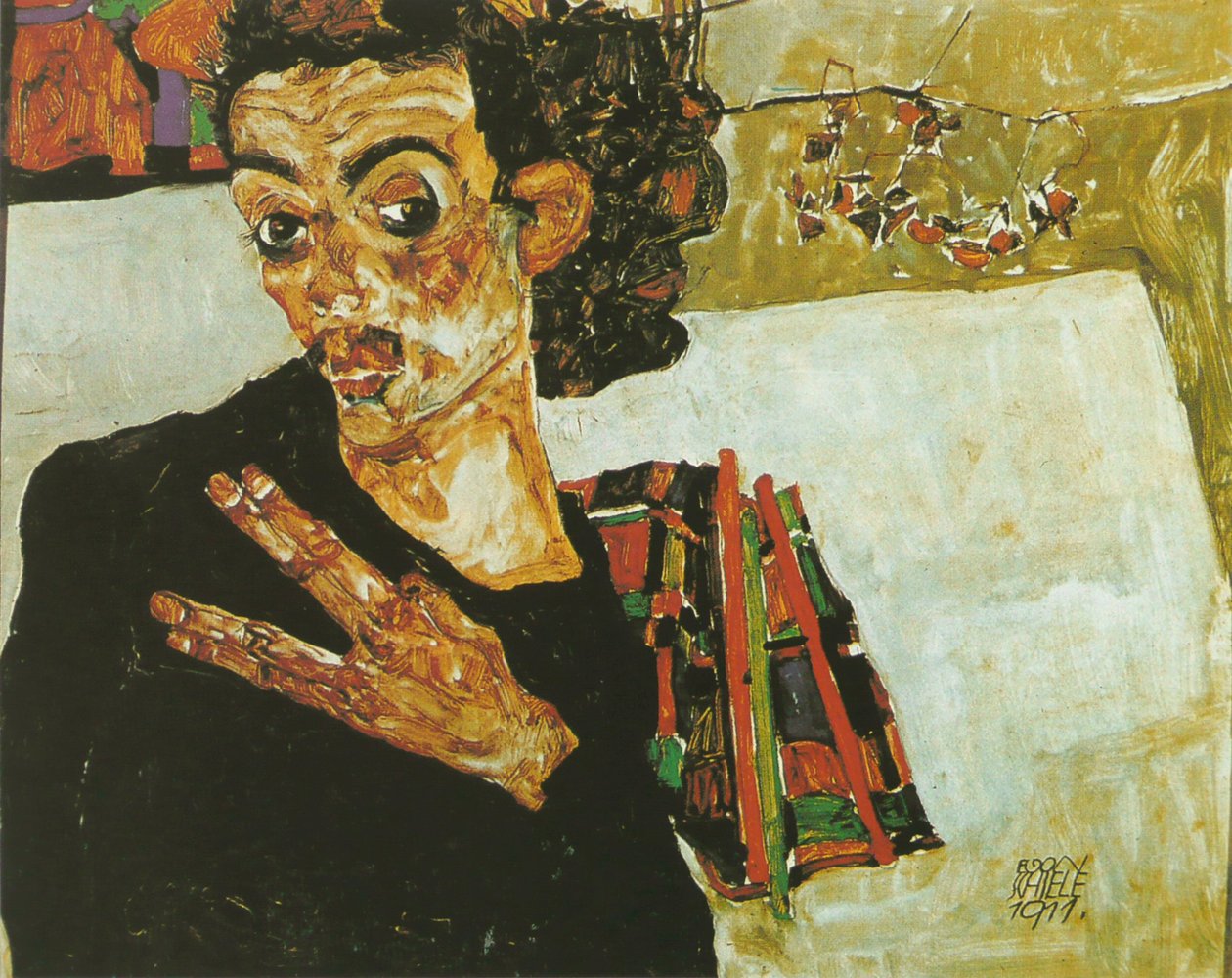 Selvportrett med svart beholder av Egon Schiele