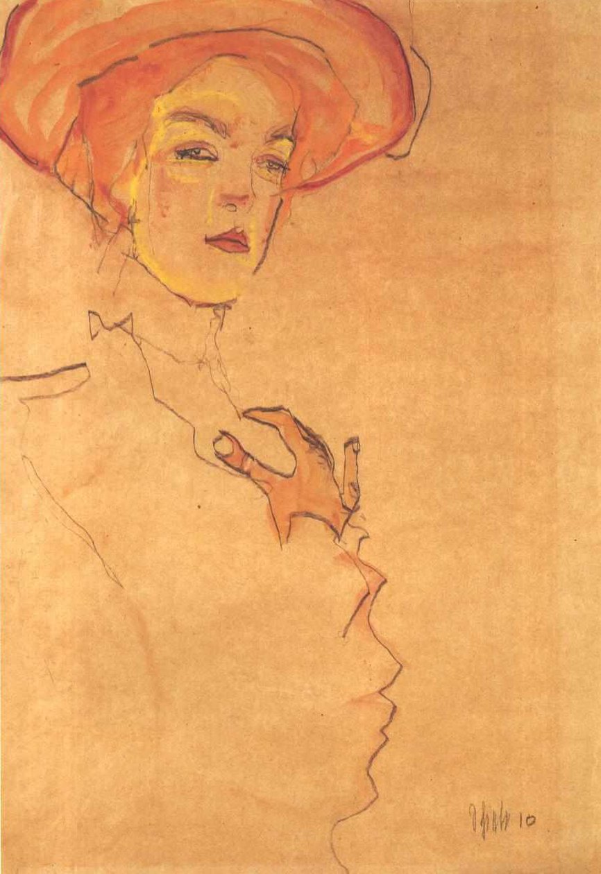 Portrett av en dame i en oransje hatt av Egon Schiele