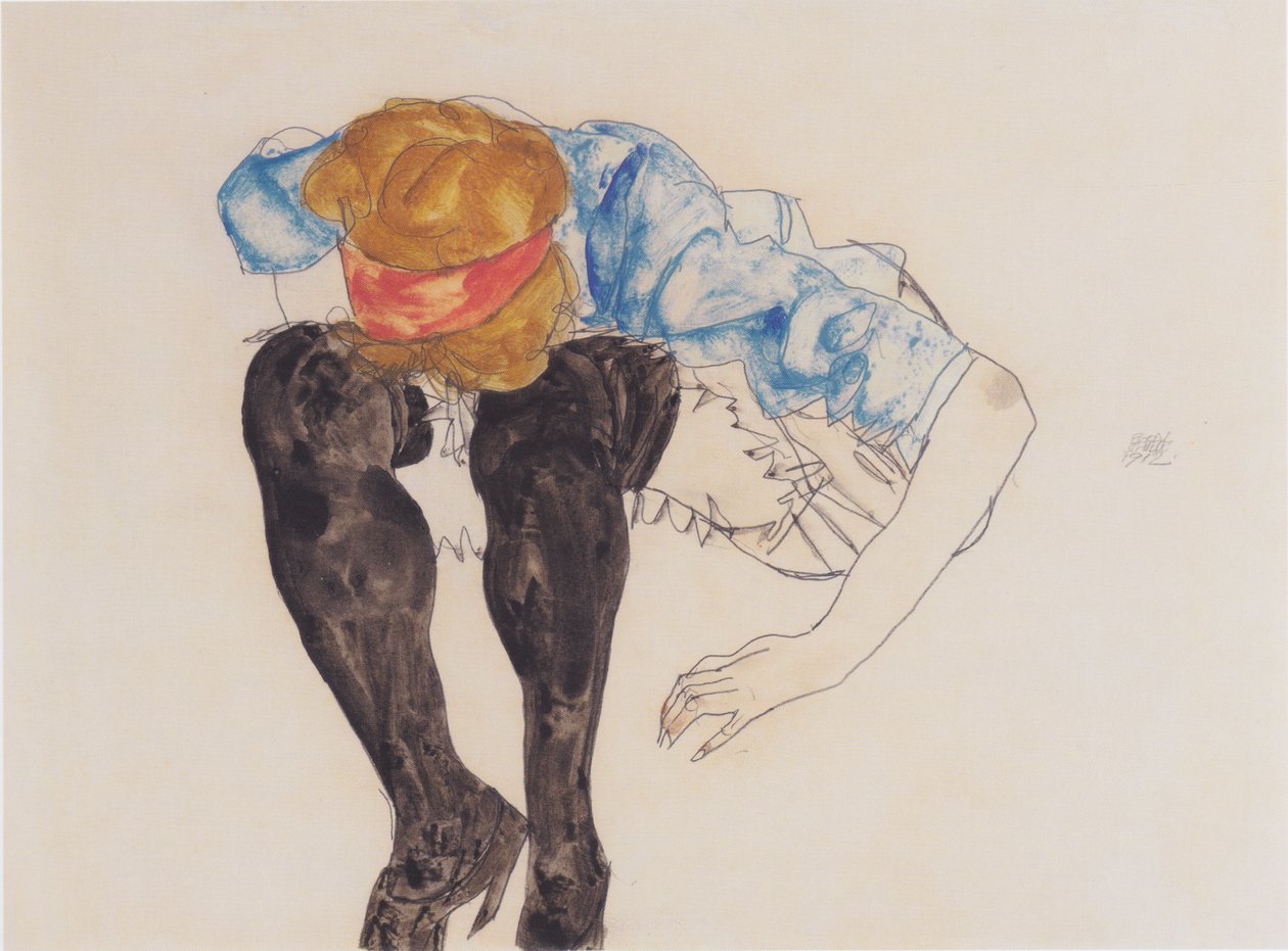 Blond, bøyd i svarte strømper av Egon Schiele