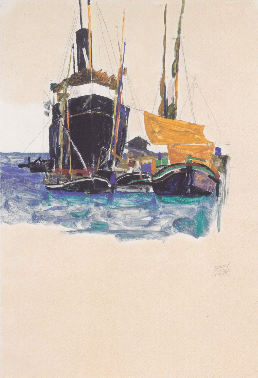 Dampere og seilbåter i havnen i Trieste av Egon Schiele