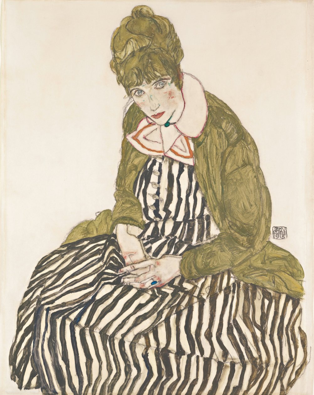 Edith med stripet kjole, sittende av Egon Schiele