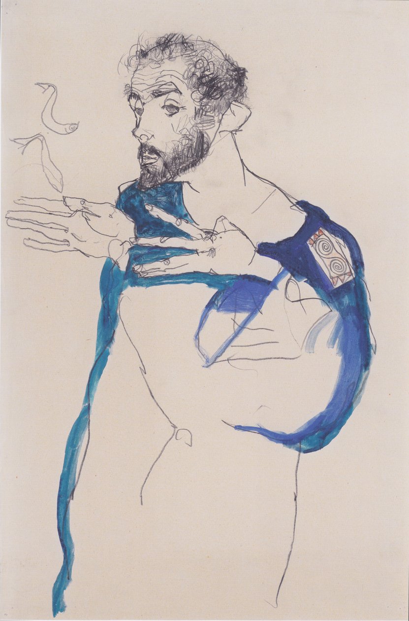 Gustav Klimt i en blå malersmokk av Egon Schiele