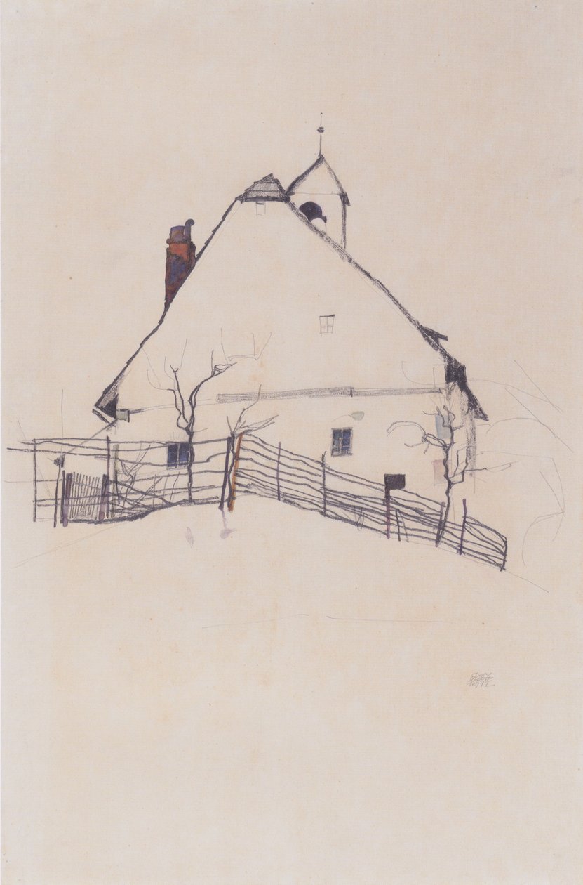 Hus med klokketårn av Egon Schiele