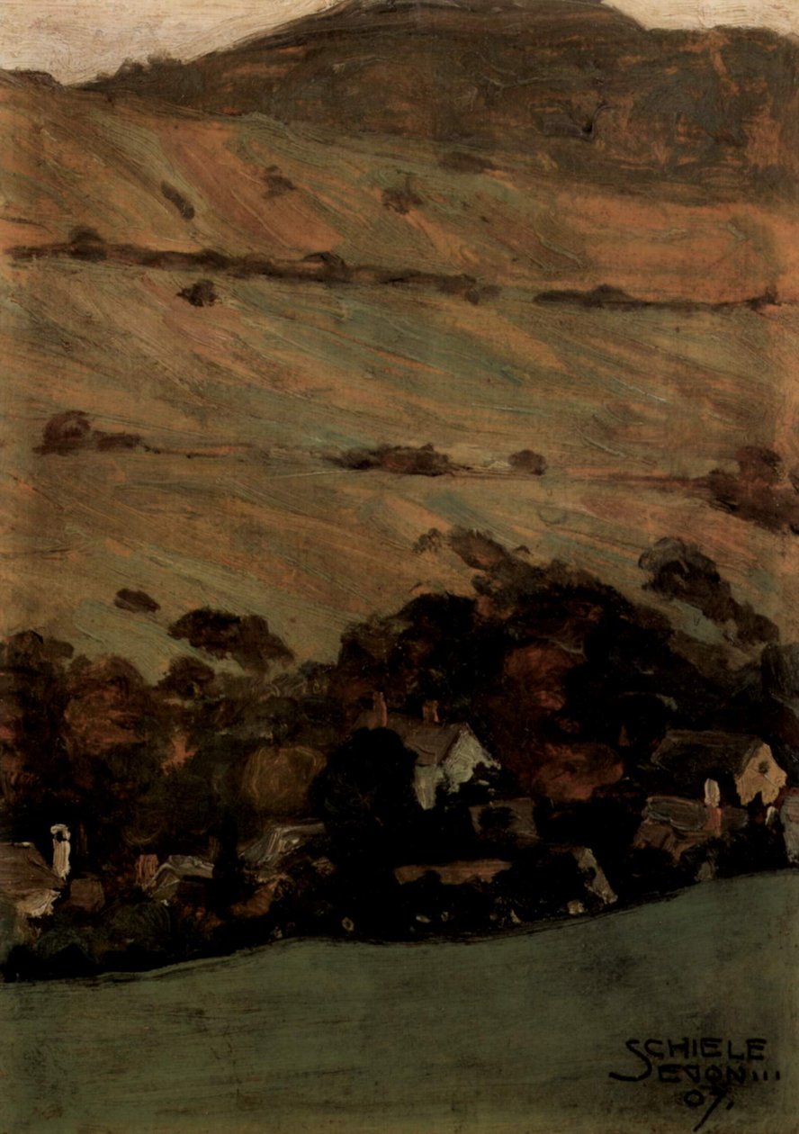 Hus foran fjellsiden av Egon Schiele