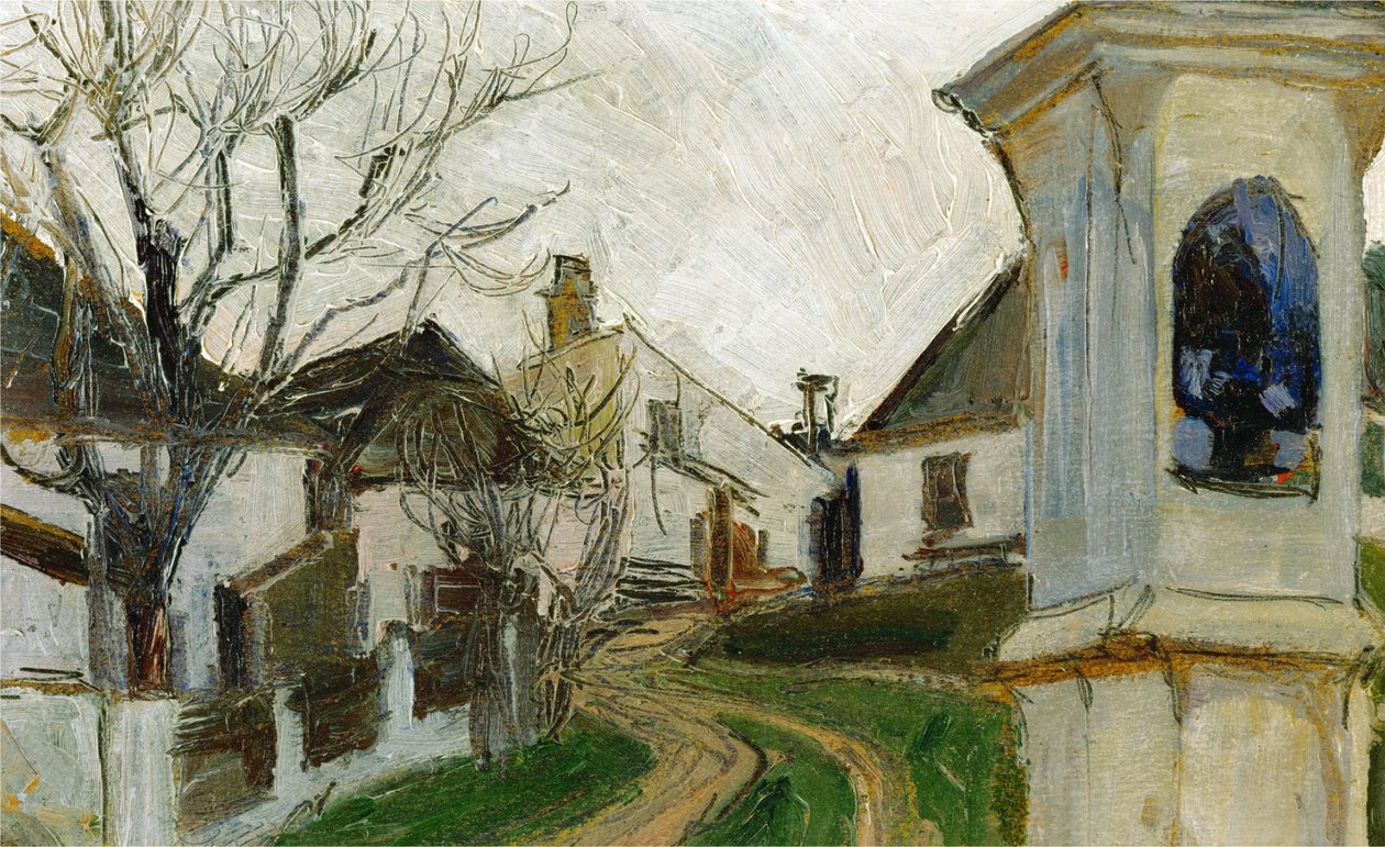 Bare trær, hus og helligdommer ved veikanten av Egon Schiele