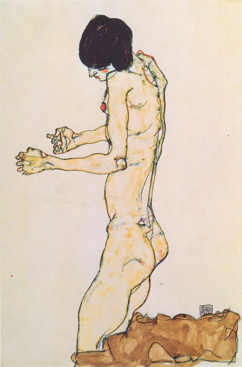 Knelende kvinnelig naken med utstrakte armer av Egon Schiele