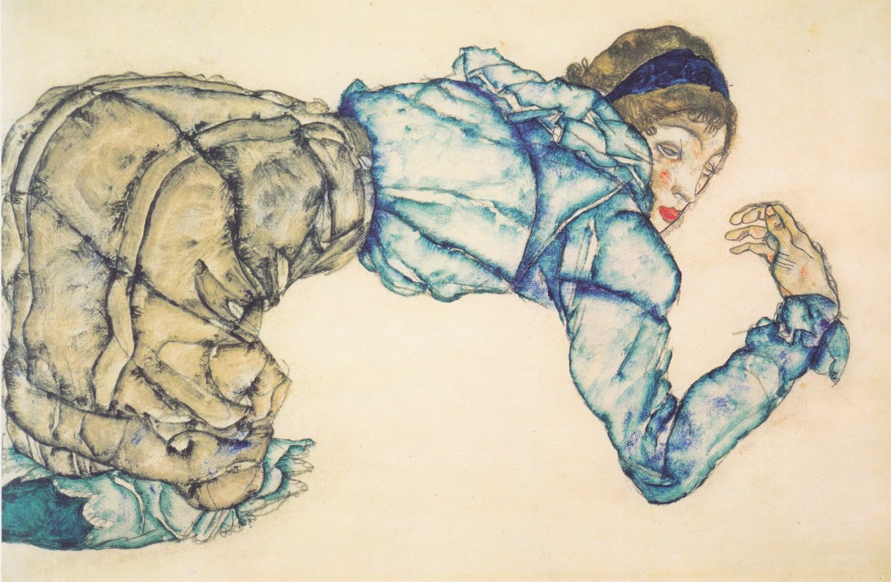 Knelende kvinne i en blå bluse av Egon Schiele
