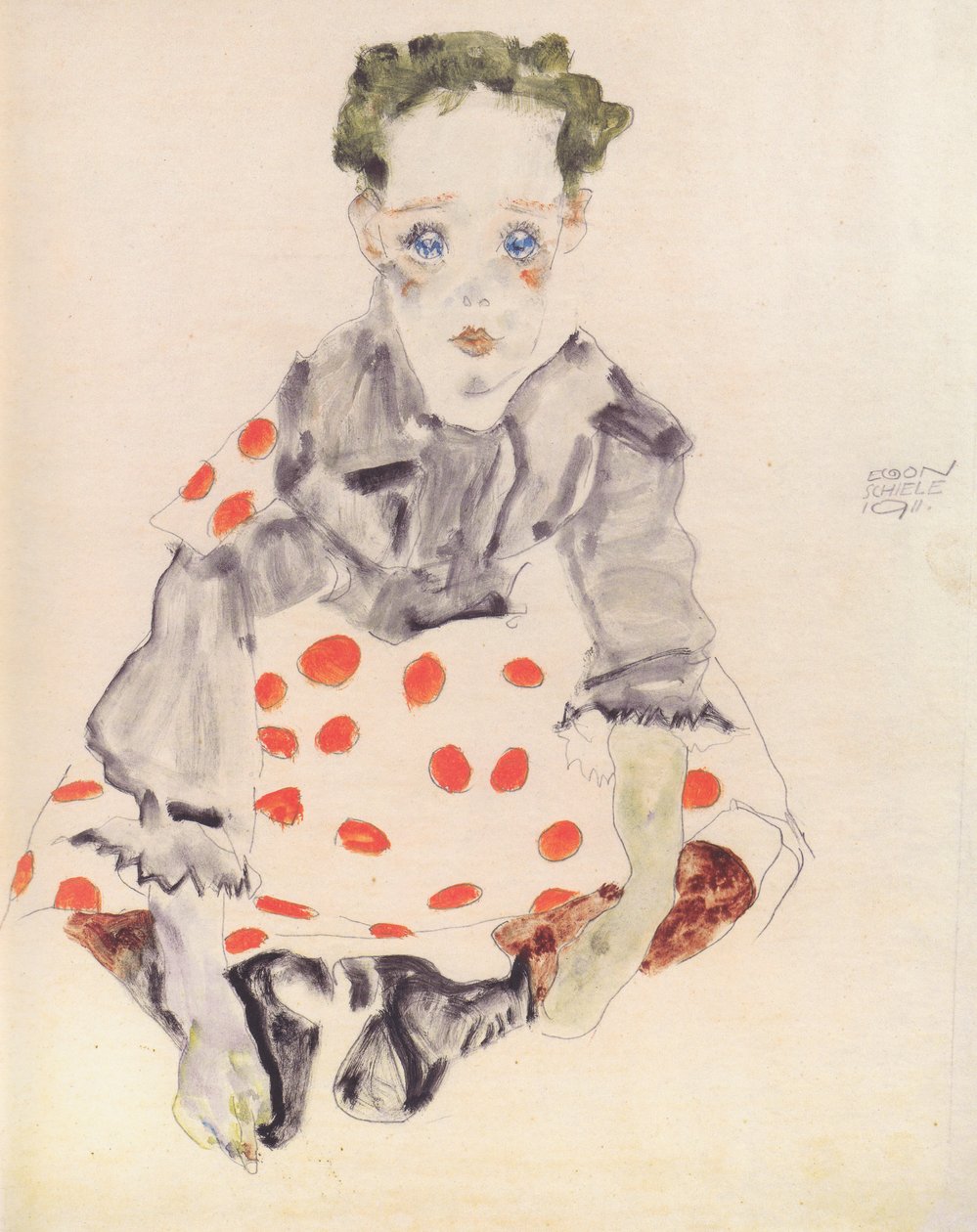Jente i prikket kjole av Egon Schiele