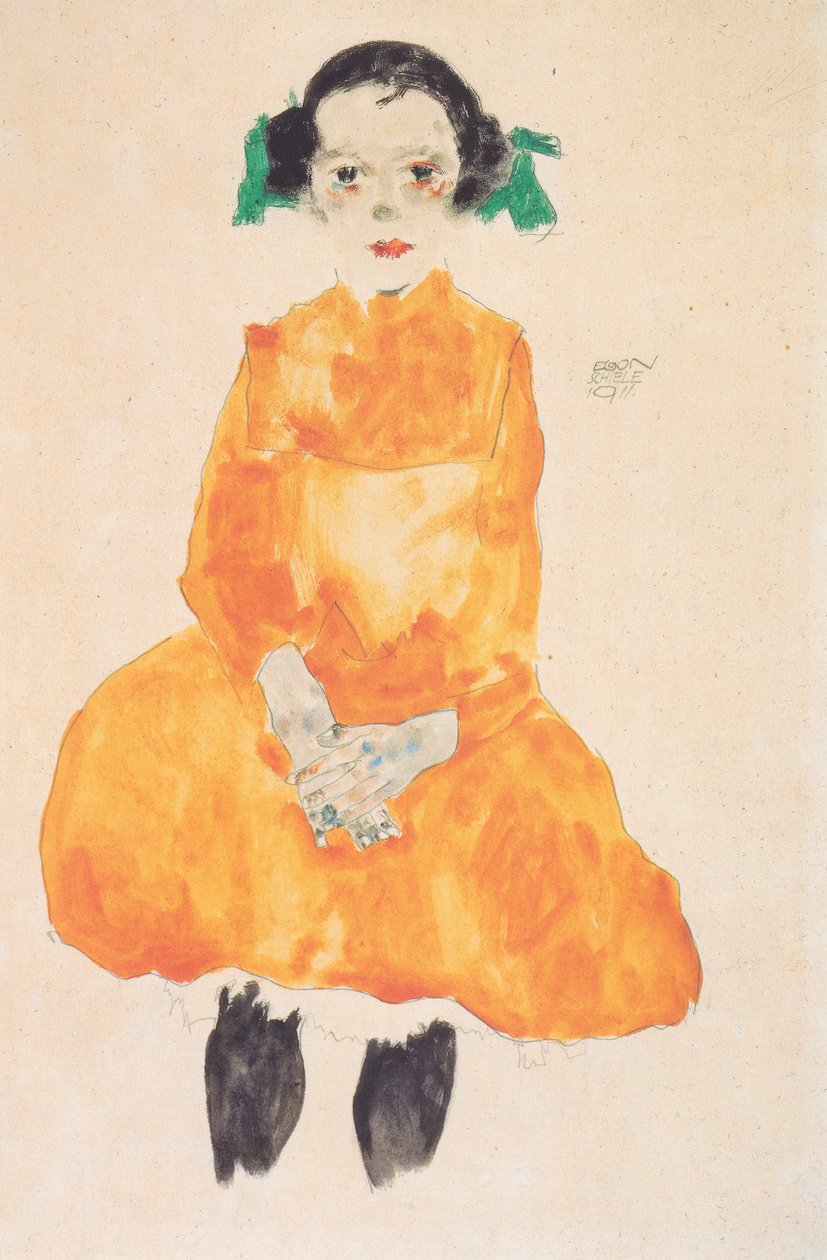 Jente i gul okerkjole av Egon Schiele