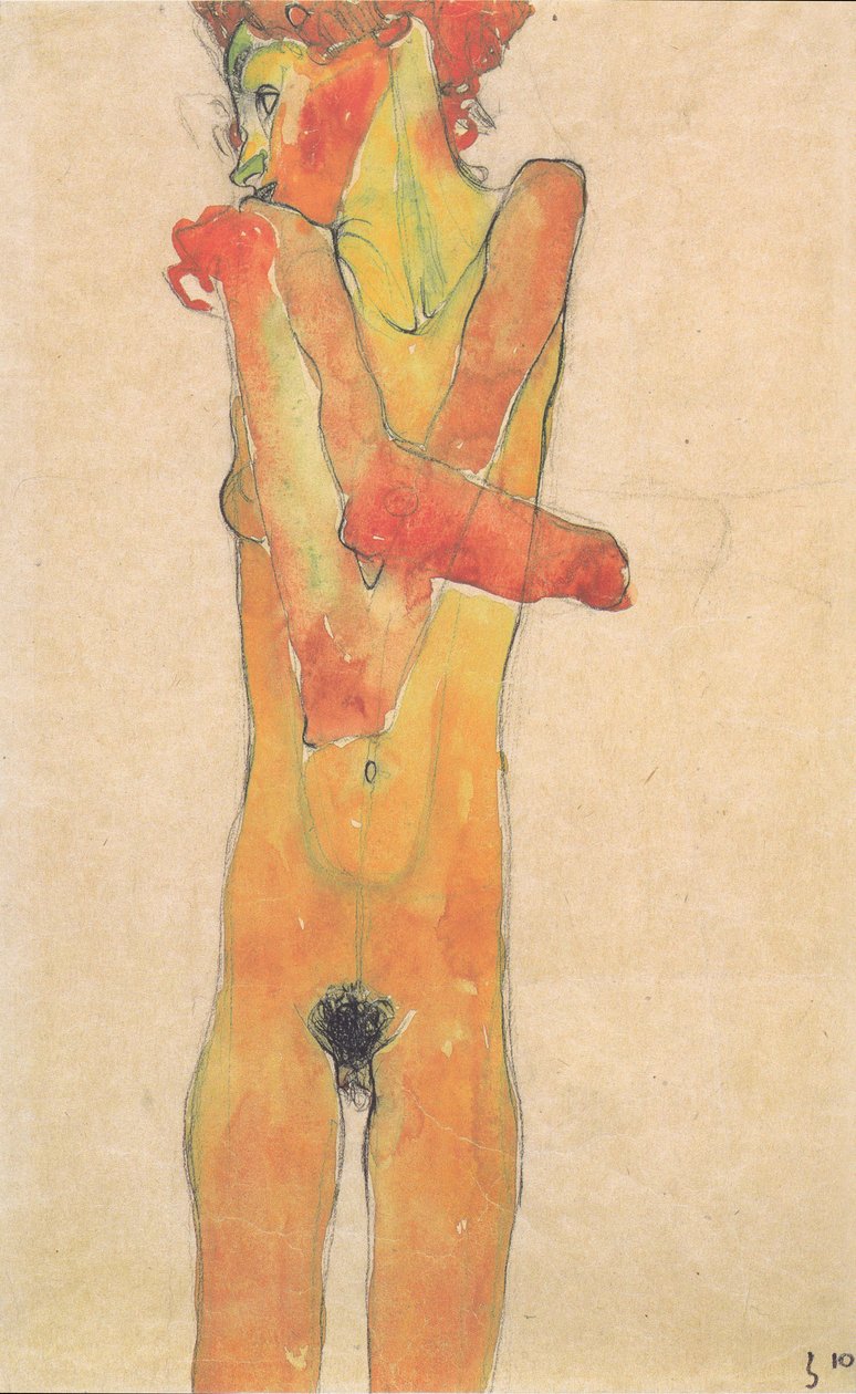Naken jente med kryssede armer av Egon Schiele