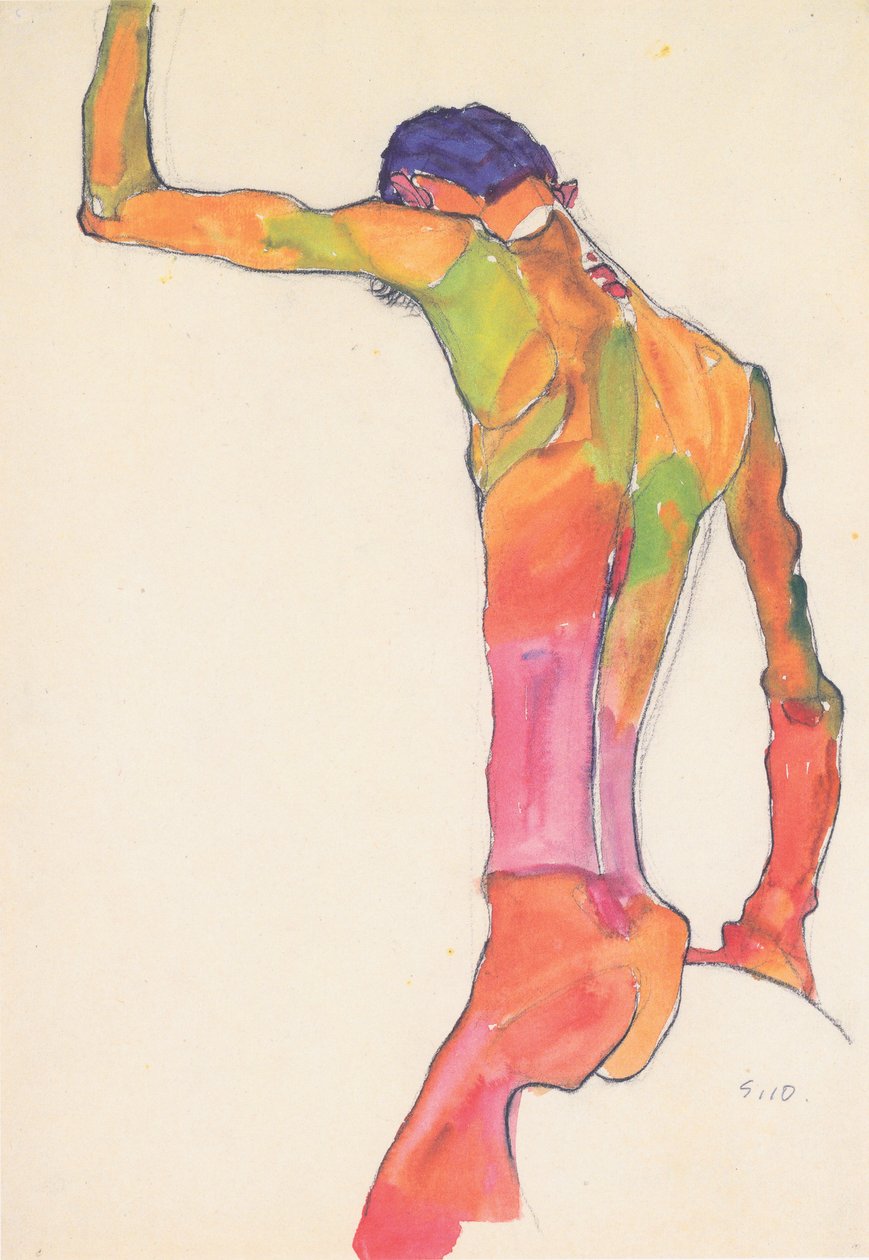 Mann naken med hevet arm av Egon Schiele