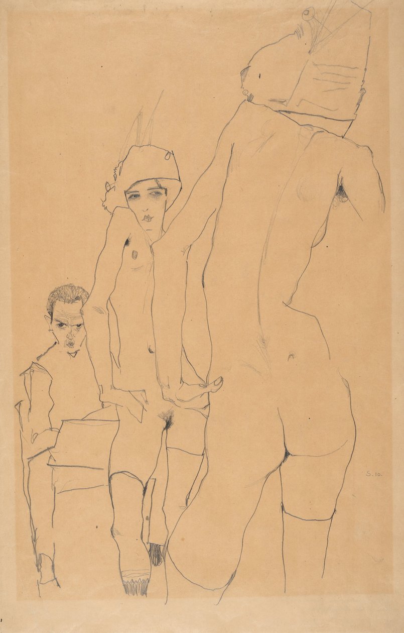 Schiele med nakenmodell før speilet, 1910 av Egon Schiele