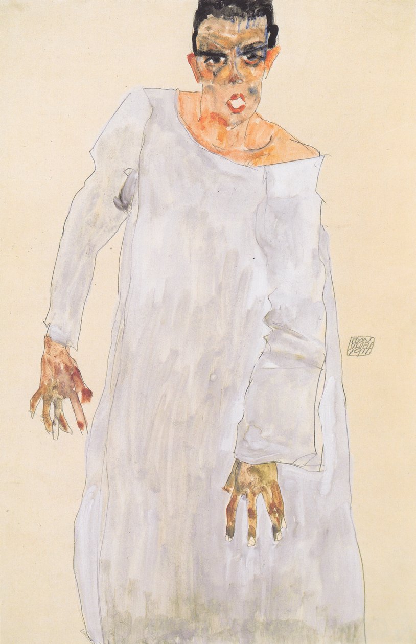 Selvportrett i en hvit kappe av Egon Schiele