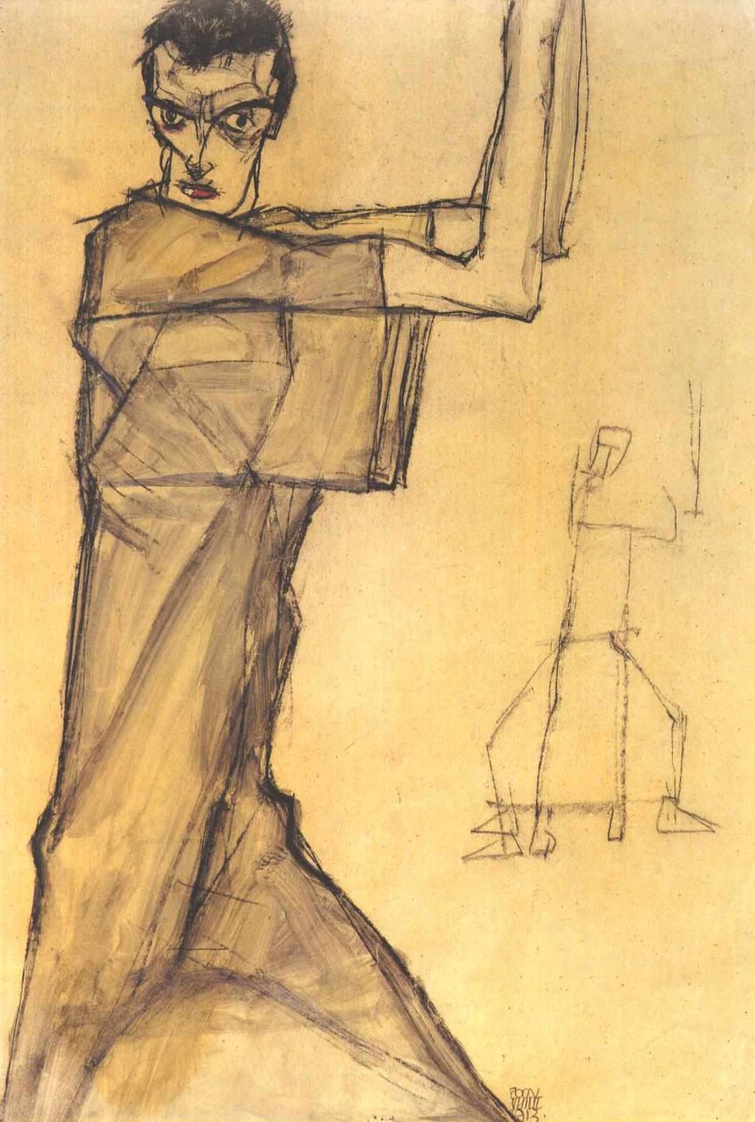 Selvportrett med hevede armer av Egon Schiele