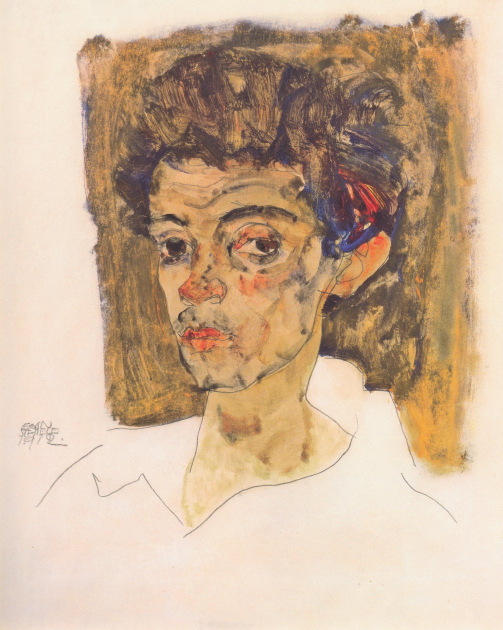 Selvportrett mot brun bakgrunn av Egon Schiele