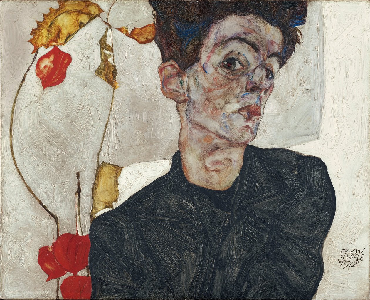 Selvportrett med Physalis av Egon Schiele