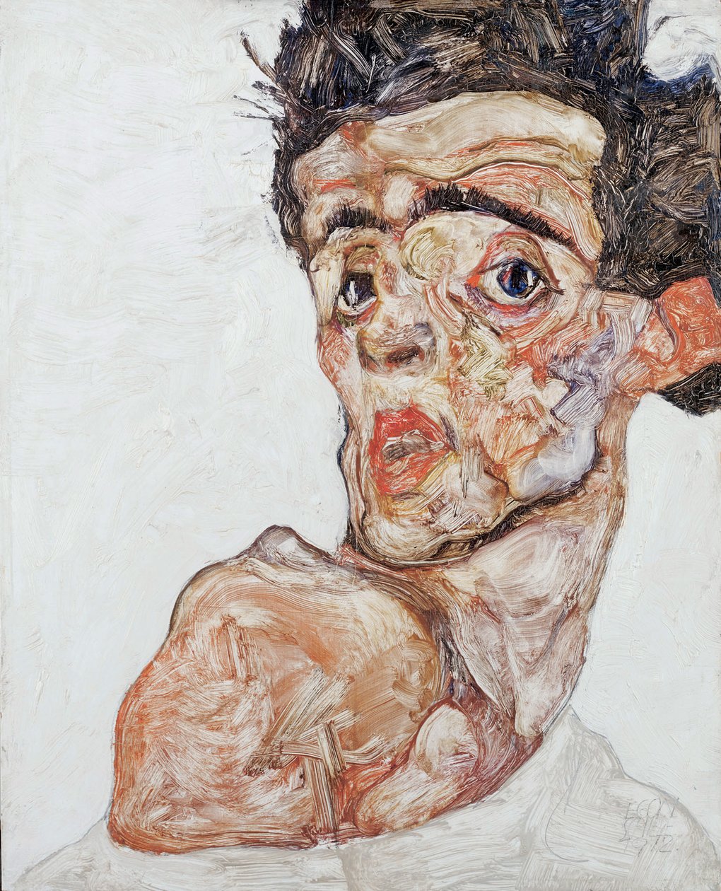 Selvportrett med hevet bar skulder, 1912 av Egon Schiele