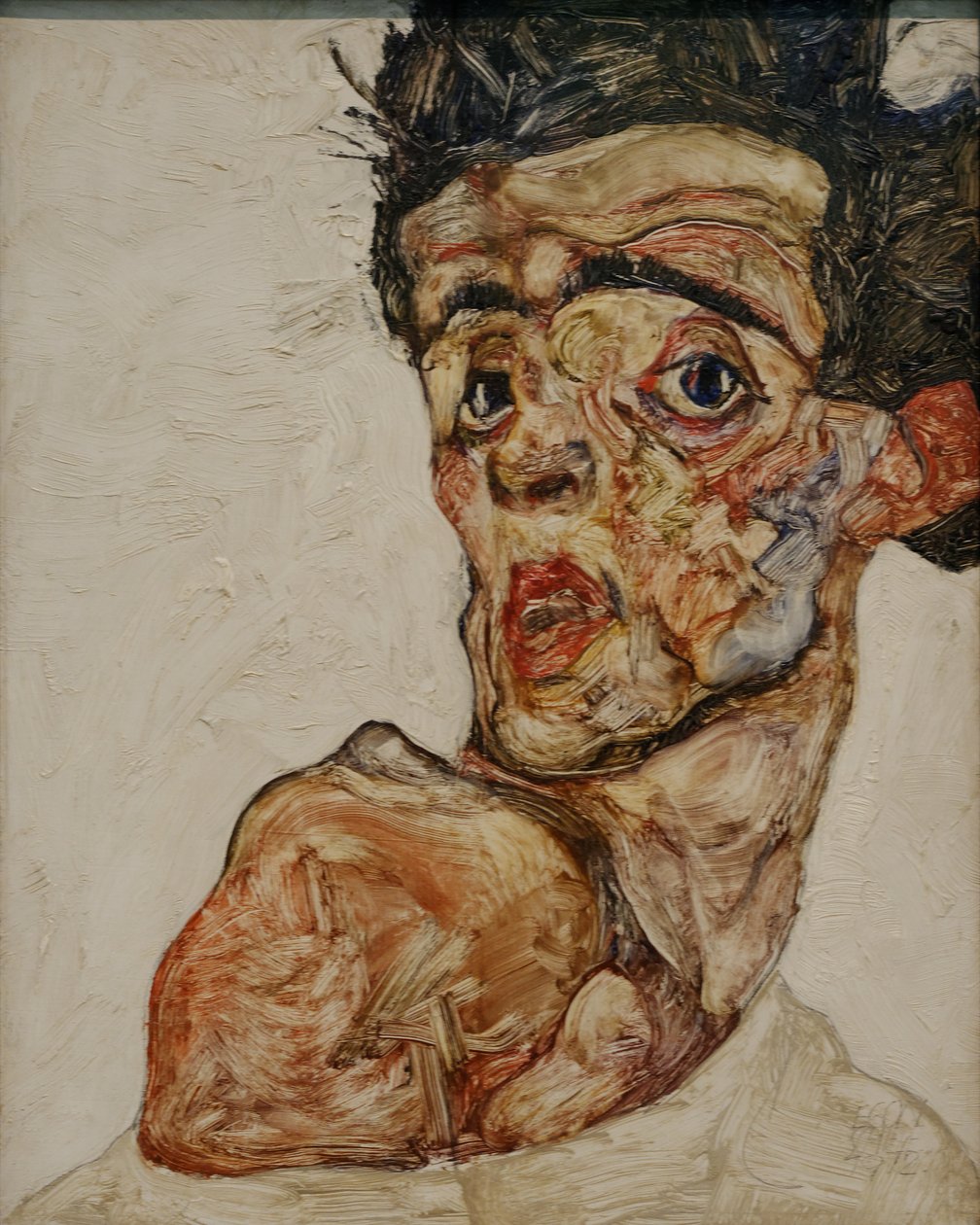 Selvportrett med løftet bar skulder av Egon Schiele