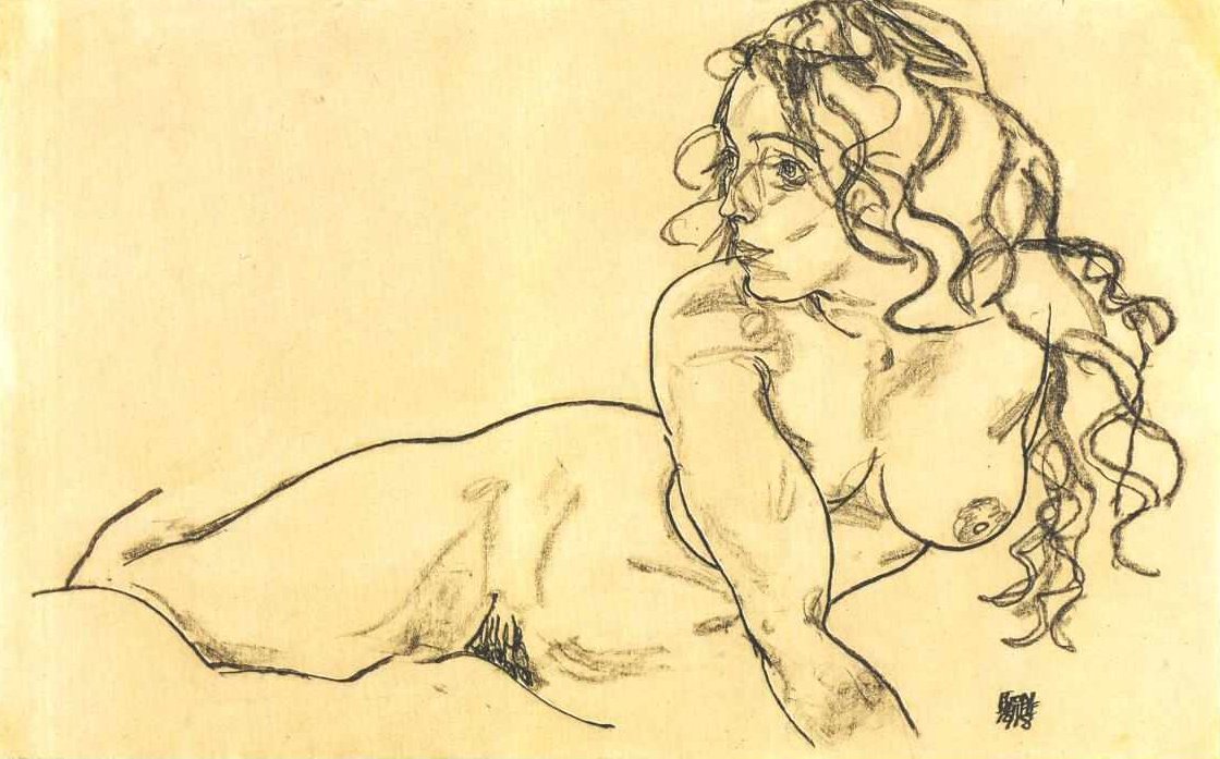 Lutende kvinnelig naken med langt hår av Egon Schiele