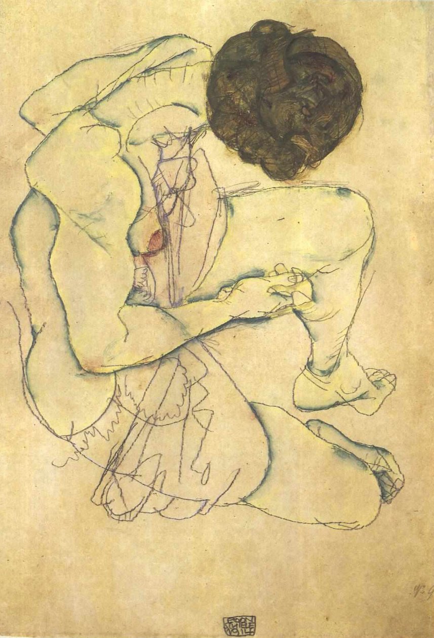 Sitter kvinnelig naken av Egon Schiele