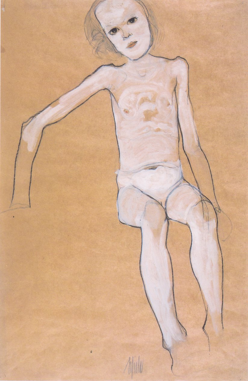Sitter naken jente av Egon Schiele
