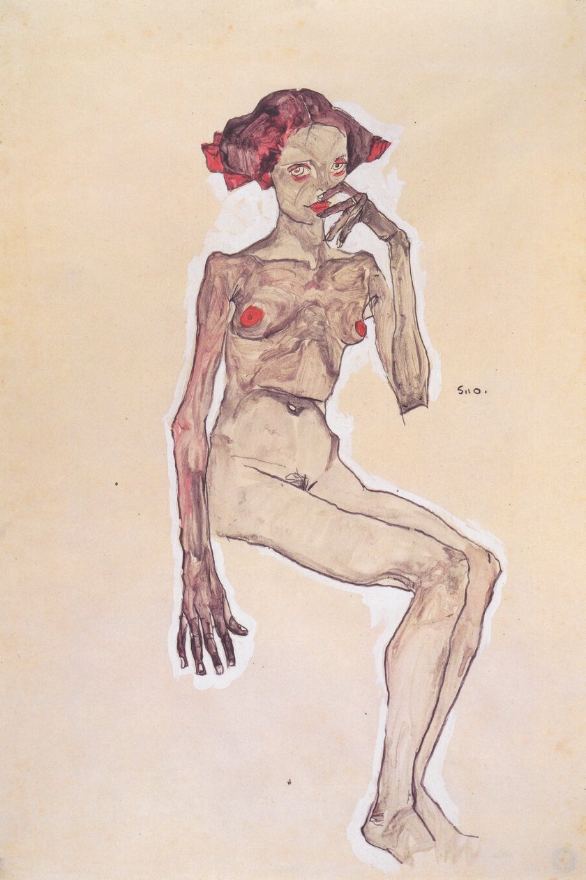 Sitter naken jente av Egon Schiele