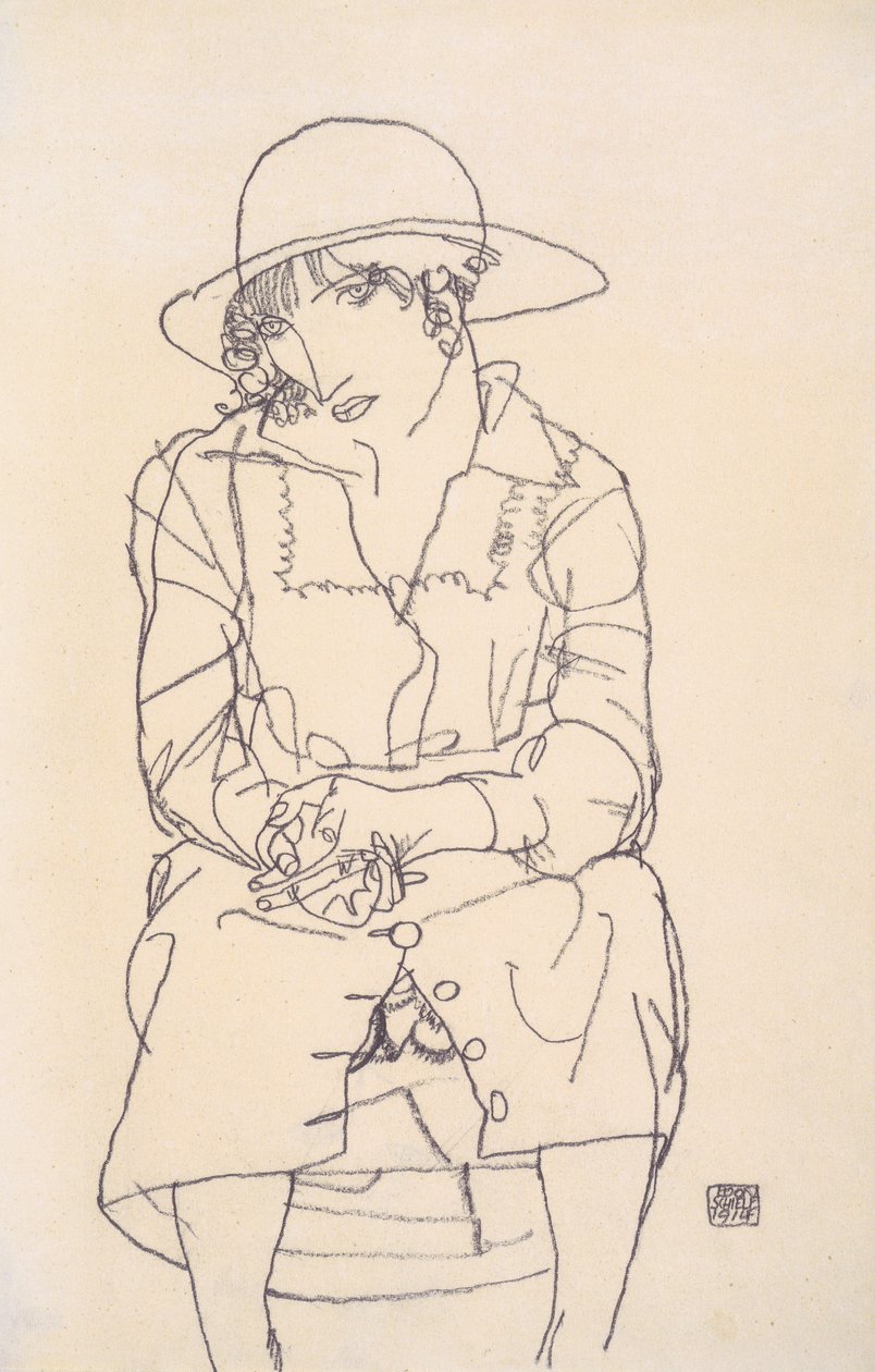 Sittende jente i hatt av Egon Schiele