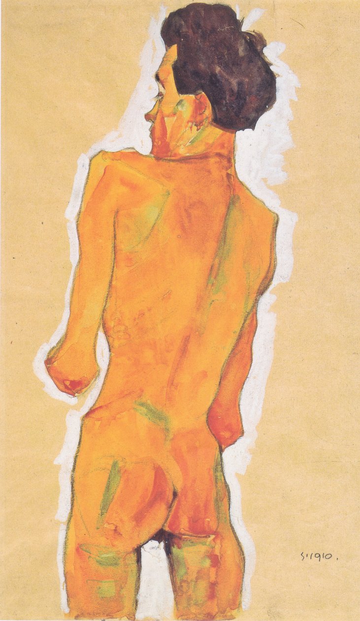 Stående mannlig naken bakfra av Egon Schiele