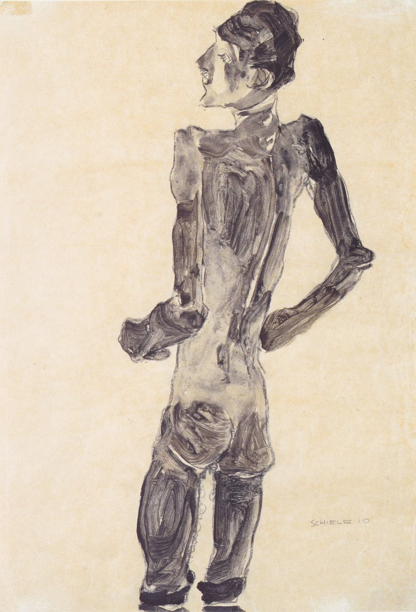Stående mannlig naken bakfra av Egon Schiele