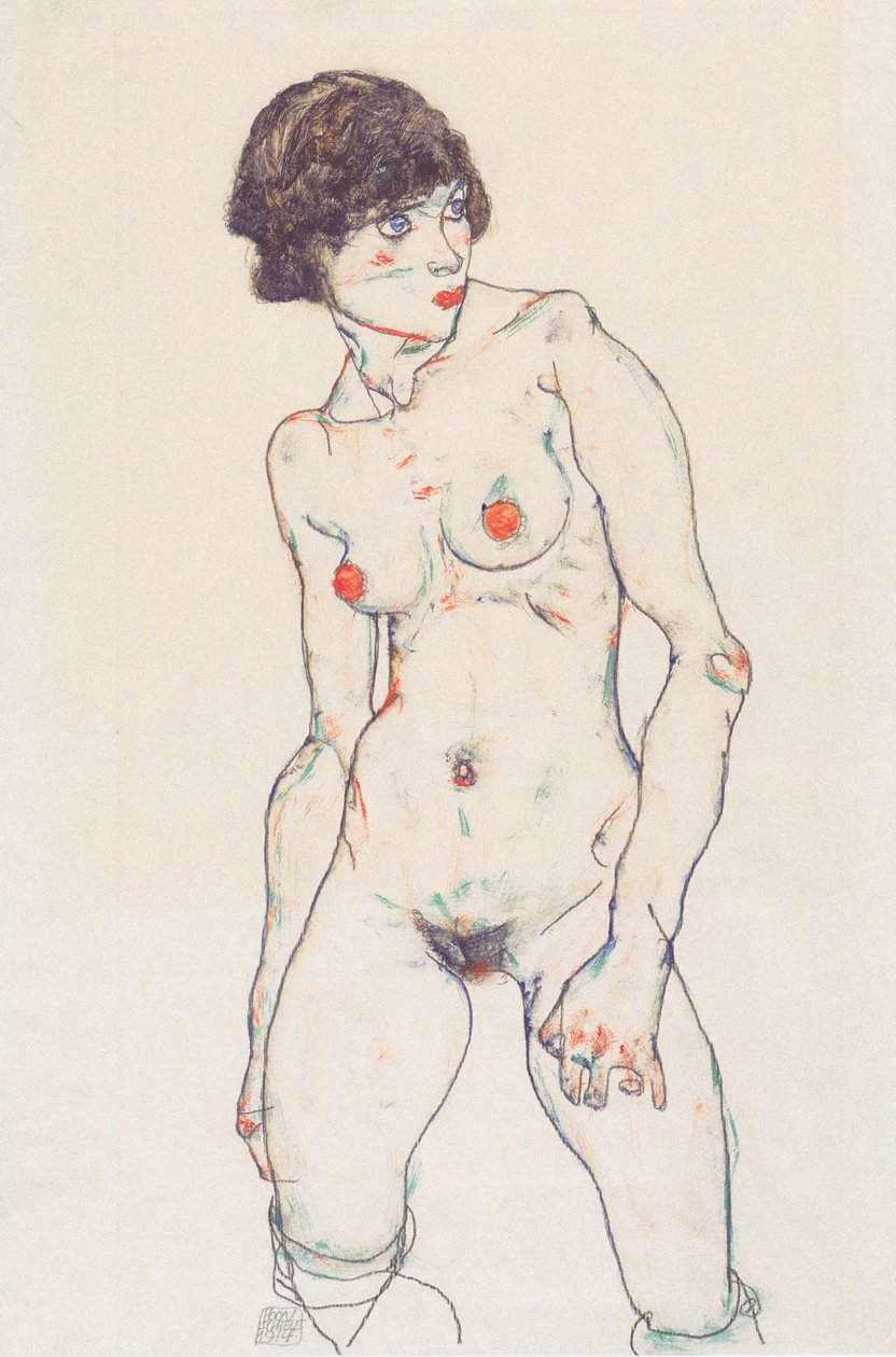 Stående kvinnelig naken med strømper av Egon Schiele