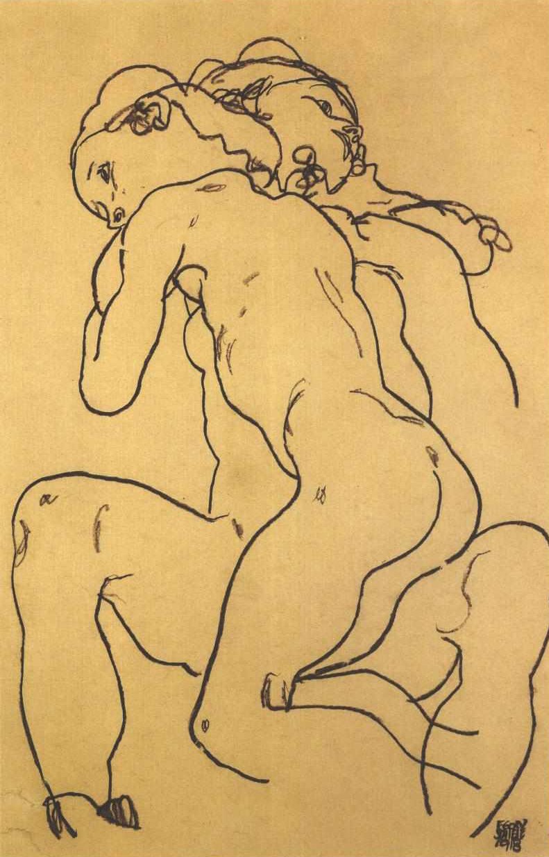 To nakenbilder av jenter som klemmer hverandre av Egon Schiele