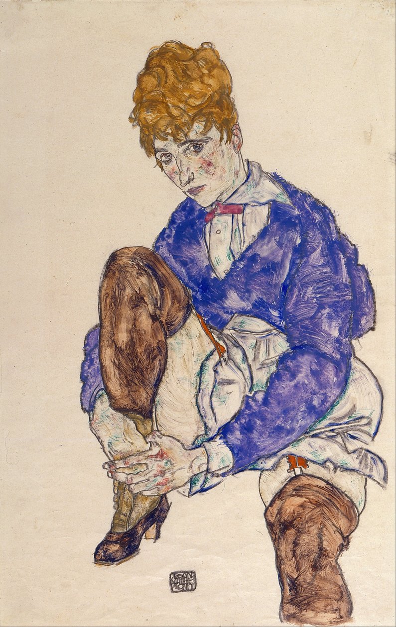 Portrett av kunstnerens kone sittende og holder sitt høyre ben av Egon Schiele