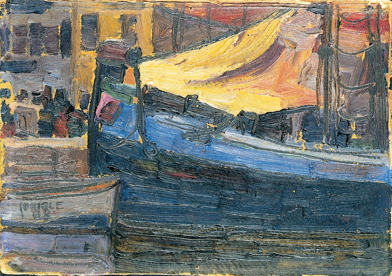 Forankrede båter med husvegg i bakgrunnen, 1908 av Egon Schiele