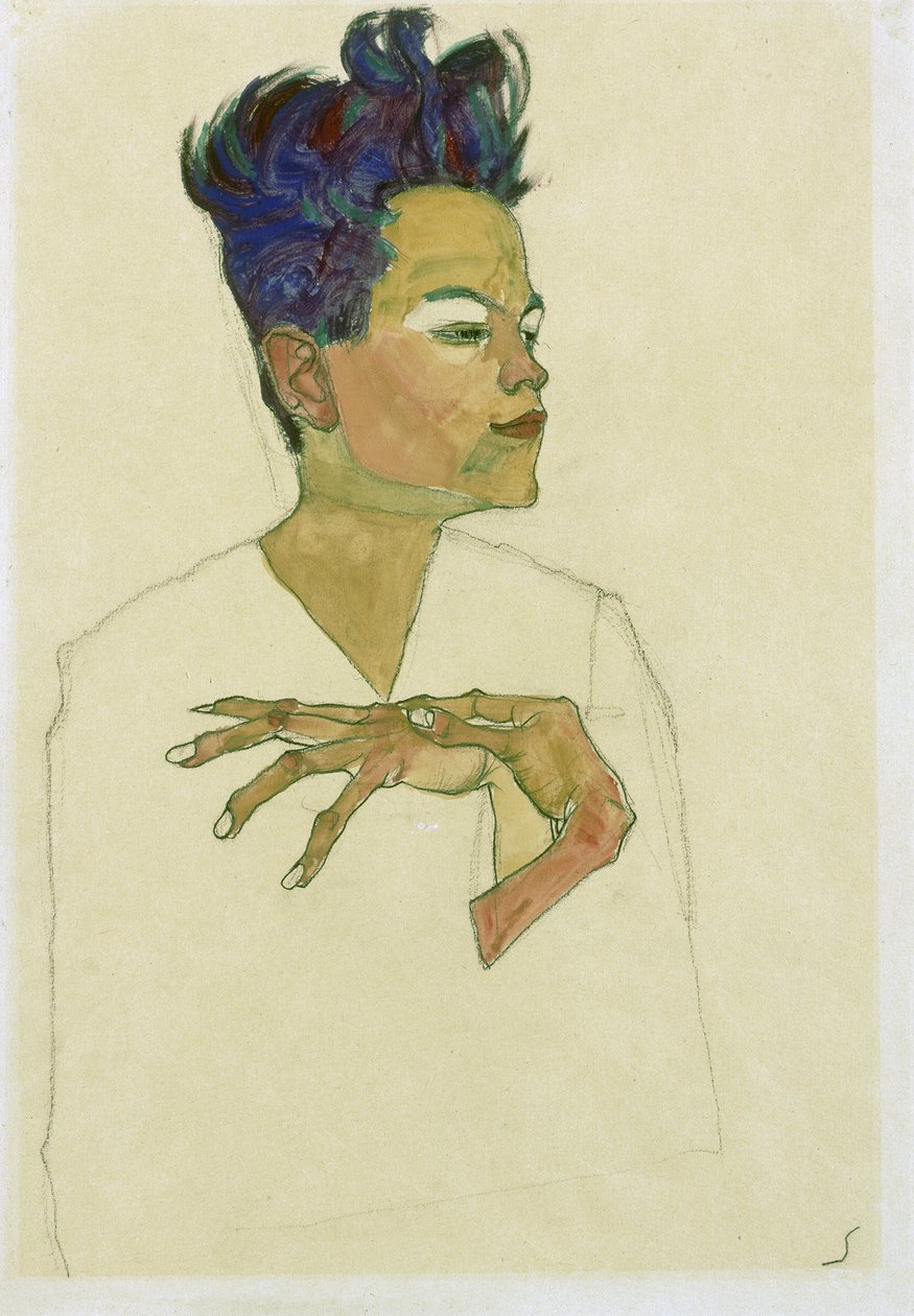 Selvportrett med hendene på brystet. (Selvportrett med hendene på brystet). Verk av Egon Schiele (1890-1918), akvarell og kritt på papir av Egon Schiele