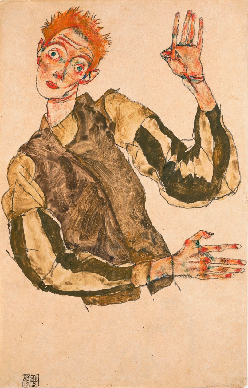 Selvportrett med stripete ermer - Verk av Egon Schiele (1890-1918), gouache på papir av Egon Schiele